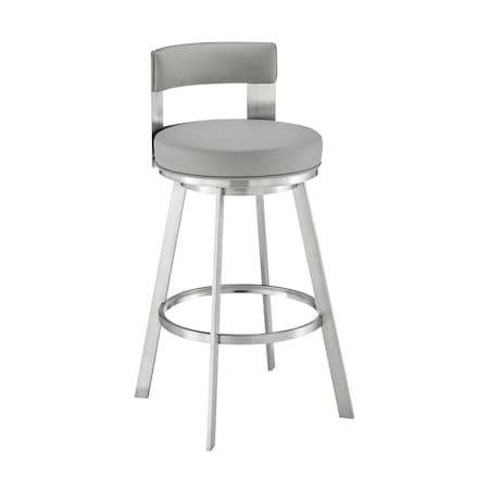 Armen Living Lynof Swivel Counter Stool in Brushed Stainless Steel with Light Gray Faux Leather 840254335462